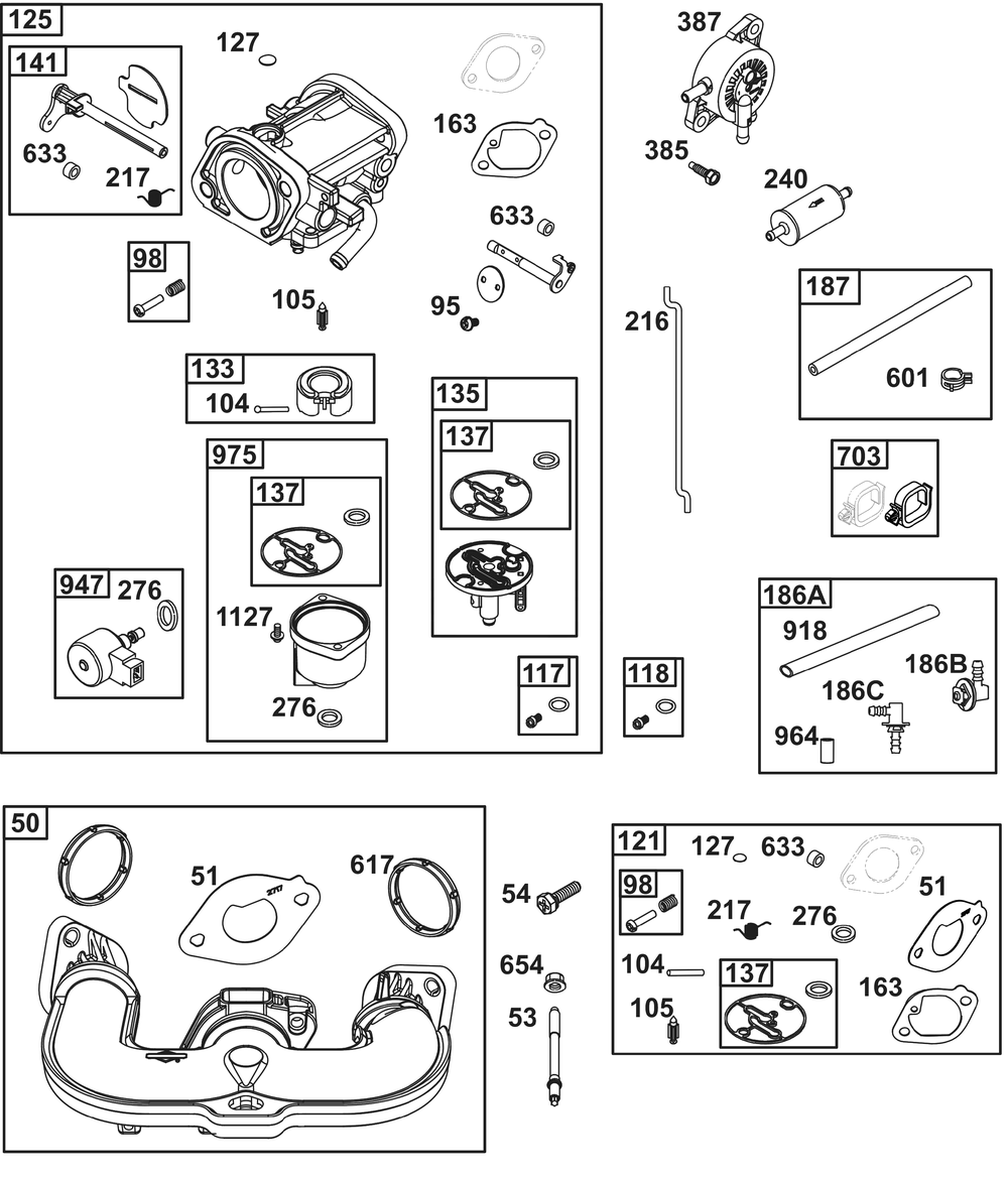 Carburetor And Fuel Supply Group Diagram and Parts List for 44U777-0015-G1 400000 - 699999 Briggs and Stratton Engine